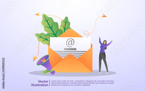 Email marketing concept. Email advertising campaign, e-marketing, reaching target audience with emails. Send and receive mail. Can use for web landing page, banner, mobile app. Vector Illustration