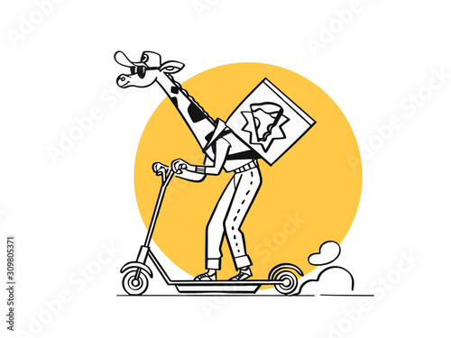 Giraffe delivering pizza on a scooter. Children cartoon vector illustration 