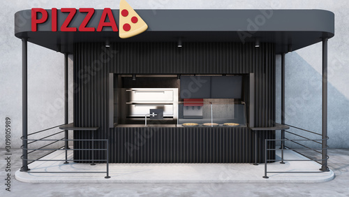 Front view Pizza shop & Restaurant design. Modern minimal metal black. wall concrete,windows black metal frame- 3D render