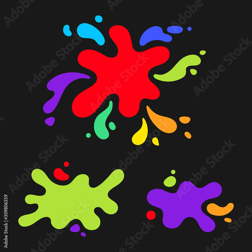 Set of colorful liquid  fluid  flux shapes  backgrounds. Bright pop art colors  paint splash artistic blobs  blots  splatter. Abstract geometric design elements. Creative trendy dynamic templates.