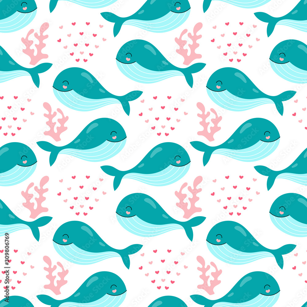 Seamless pattern of cute whales, underwater world on a white background. Vector baby print for packaging, fabrics, wallpapers, textiles. Seamless pattern of cute whales, underwater world on a white background. Vector baby print for packaging, fabrics, wallpapers, textiles.