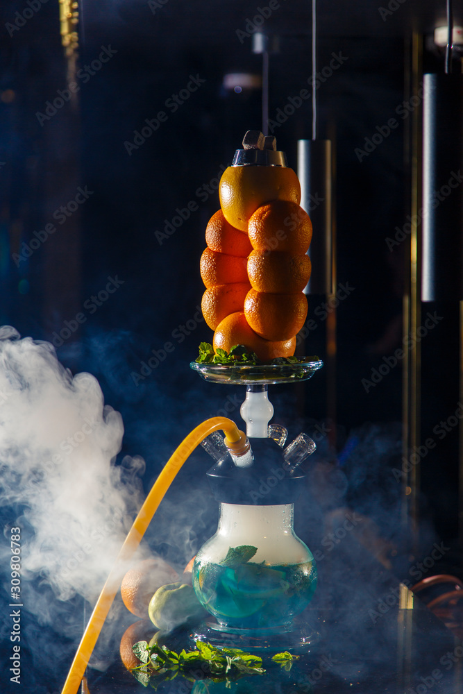 Hookah on the orange. Orange hookah. Hookah with a round transparent