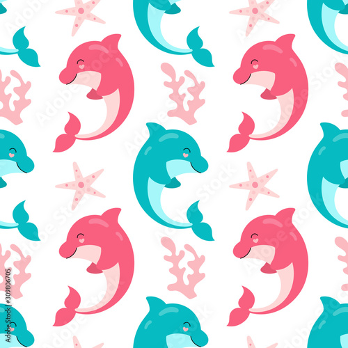 Seamless pattern of cute dolphins, underwater world on a white background. Vector baby print for packaging, fabrics, wallpapers, textiles.