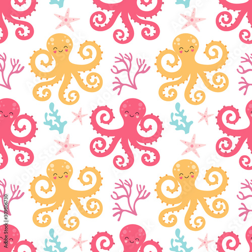 Fototapeta Naklejka Na Ścianę i Meble -  Seamless pattern of cute octopuses, underwater world on a white background. Vector baby print for packaging, fabrics, wallpapers, textiles.