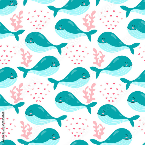 Seamless pattern of cute whales, underwater world on a white background. Vector baby print for packaging, fabrics, wallpapers, textiles.