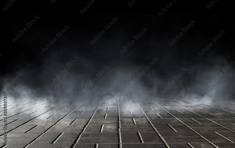 Wet asphalt, reflection of neon lights, a searchlight, smoke. Abstract light in a dark empty street with smoke, smog. Dark background scene of empty street, night view, night city. Wet asphalt, reflection of neon lights, a searchlight, smoke. Abstract light in a dark empty street with smoke, smog. Dark background scene of empty street, night view, night city.