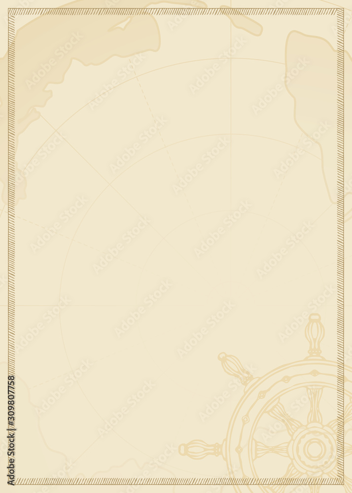 Vector background with place for text, ship helm and old map. Vintage