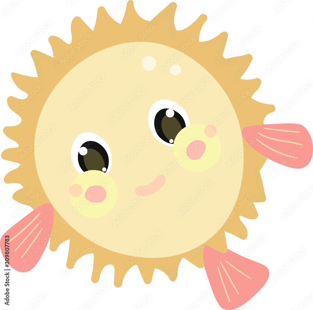 Cute, cartoon, character hedgehog fish with smile . Vector isolated on white background . Concept for print, web design, cards , logo Cute, cartoon, character hedgehog fish with smile . Vector isolated on white background . Concept for print, web design, cards , logo