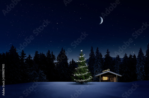 Weihnachtlich beleuchtete Hütte in Kalter Winternacht mit Sternenhimmel und Christbaum
