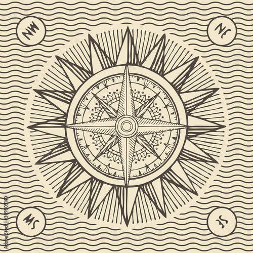 Vector banner with sun, wind rose and old nautical compass in retro style. Hand-drawn illustration on the theme of travel, adventure and discovery on the background with waves