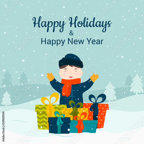 Happy boy with a lot of presents in the winter landscape. Happy New Year greeting card