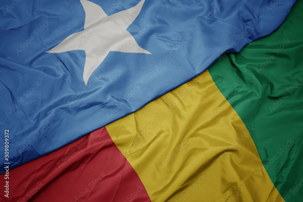 waving colorful flag of guinea and national flag of somalia.