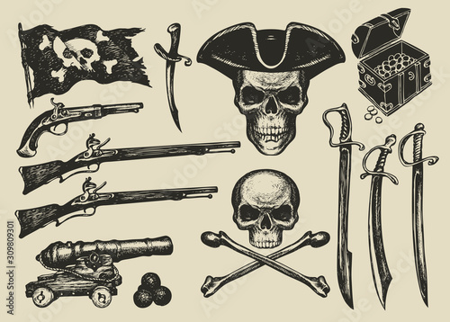 Canvas-taulu Vector set of hand drawn illustrations on a pirate theme in vintage style