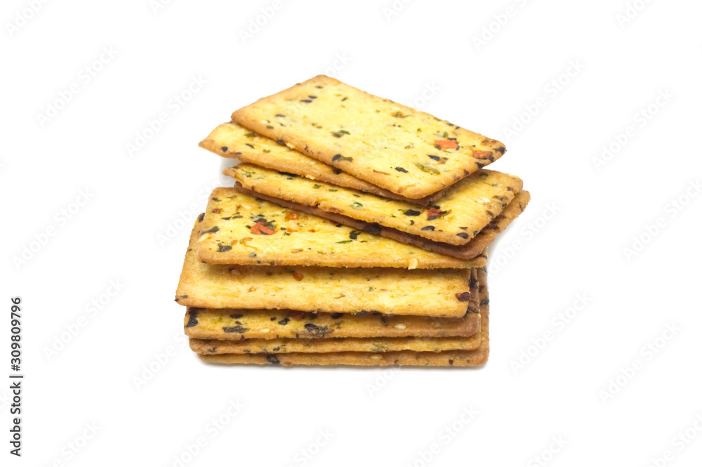Thin biscuit with veggies flavored isolated on white background. Thin biscuit with veggies flavored isolated on white background.
