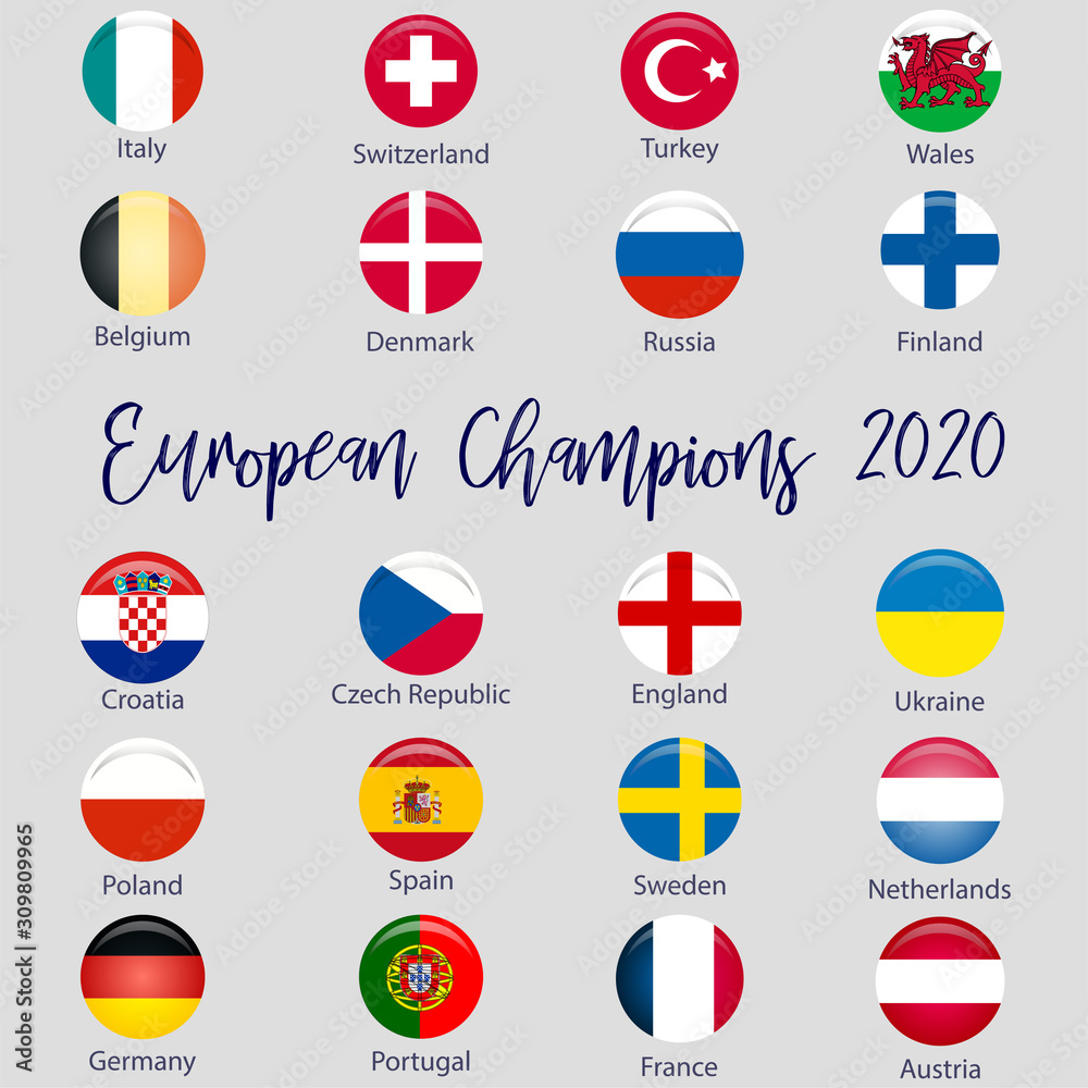Flags of countries participating in the European Football Championship 2020, soccer ball Flags of countries participating in the European Football Championship 2020, soccer ball