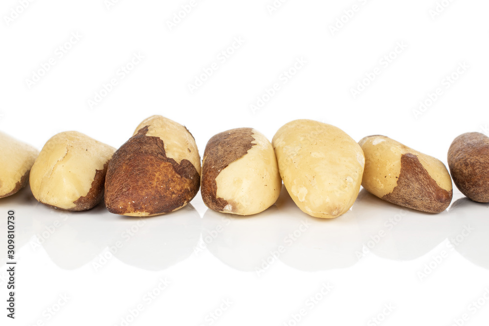 Fototapeta premium Group of seven whole brazil brown nut isolated on white background