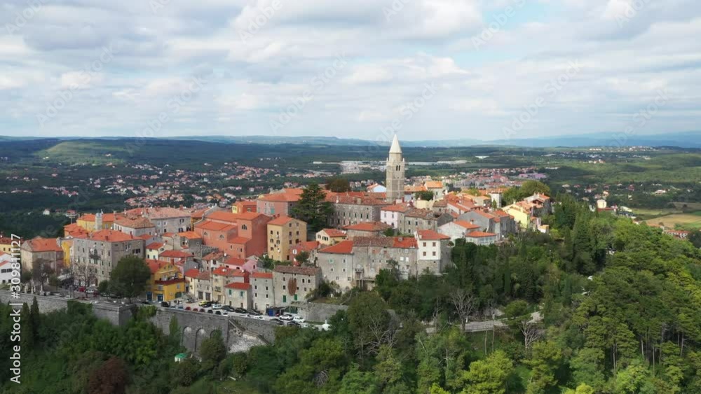 Town of Labin in Istria, Croatia, old traditional houses and castle, footage from drone Town of Labin in Istria, Croatia, old traditional houses and castle, footage from drone