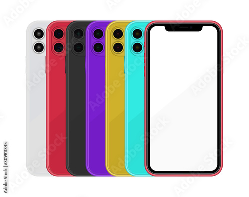 Set of realistic smartphones mockup different colors. Cellphone frame with blank display. Vector mobile device concept