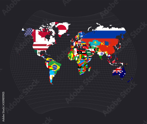 World map with flags of each country. Larrivee projection. Map of the world with meridians on dark background. Vector illustration.