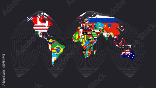 Map of the world with flags. Boggs' interrupted eumorphic projection. Map of the world with meridians on dark background. Vector illustration.