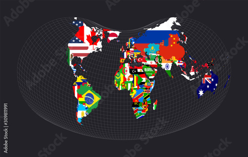 Worldmapwithallcountries andtheirflags. Hill eucyclic projection. Map of the world with meridians on dark background. Vector illustration.