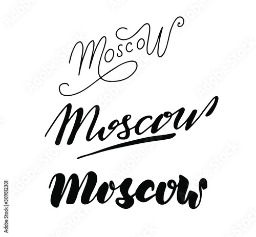 Moscow Word set. Lettering. Brush handlettering. Handwritten Font Design. Label or logo for tourist Souvenirs