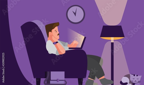 man use laptop while sit in sofa, business man work from home till late night in cartoon flat illustration vector