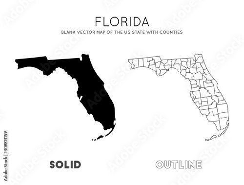 Florida map. Blank vector map of the Us State with counties. Borders of Florida for your infographic. Vector illustration.