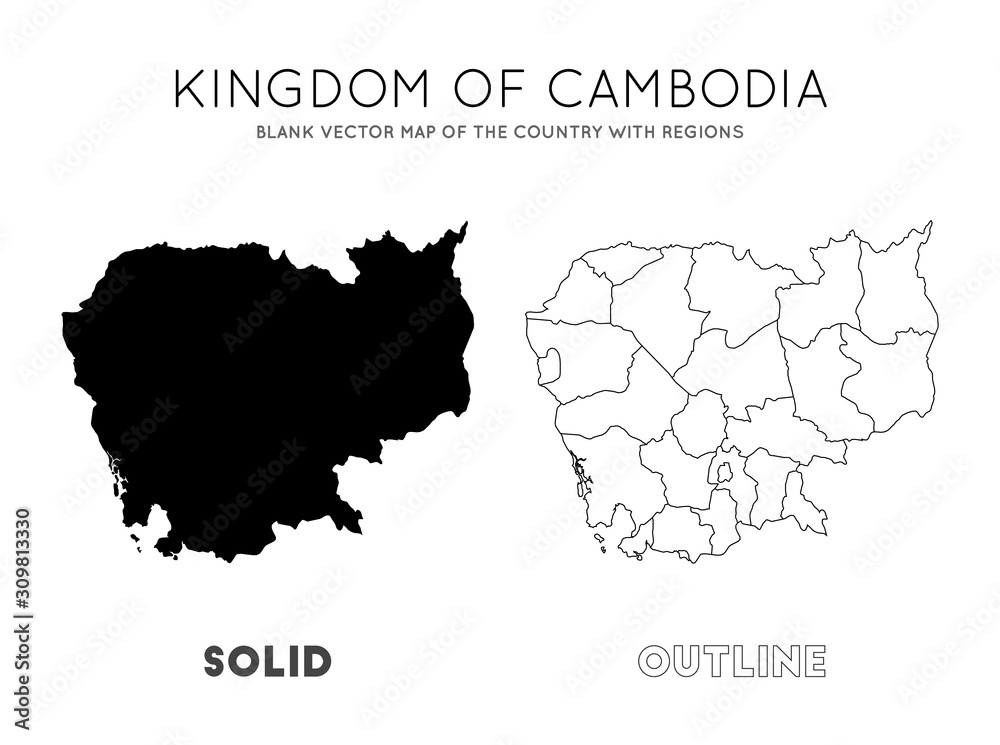 Cambodia map. Blank vector map of the Country with regions. Borders of Cambodia for your infographic. Vector illustration.
