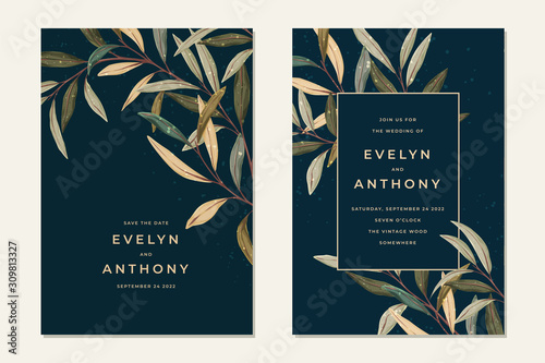 Wedding invitation with vintage leaves