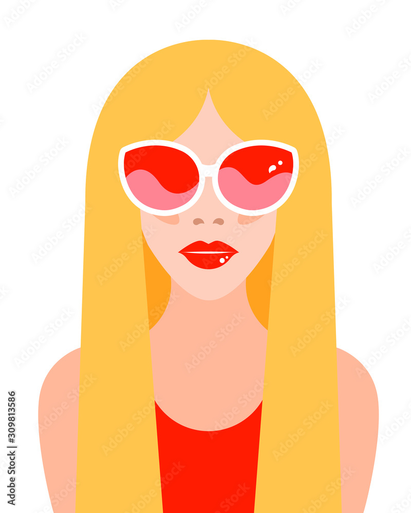 Portrait of a blonde girl in sunglasses with long hair and bright red lips. Glasses reflect waves. Vector illustration. Portrait of a blonde girl in sunglasses with long hair and bright red lips. Glasses reflect waves. Vector illustration.