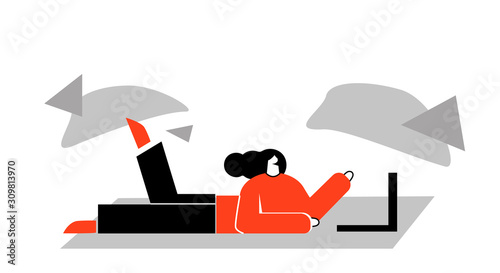 vector flat illustration of a young girl, woman at a computer, laptop, who is engaged in freelance or is sitting on the Internet while lying at home , buying something