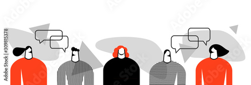 vector flat illustration of a group of people, friends, men and women, a series of talking people with chat and observation bubbles, illustration of loneliness, a distinguished person from the crowd