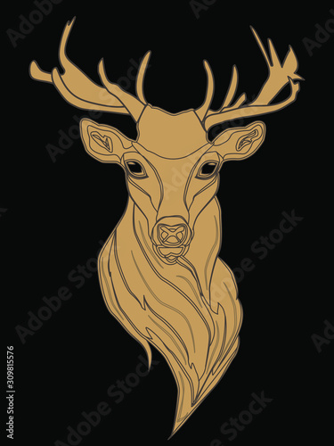 Vector illustration in gray tones of a male deer with big horns.
