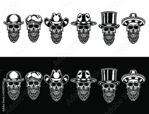 Set of skull beard in hat, isolated on dark and bright background