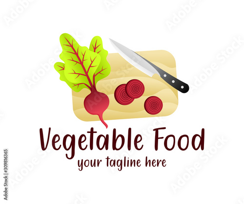 Beet on a cutting board with a knife, illustration and logo design. Cuisine, vegetarian and vegetables food, vector design