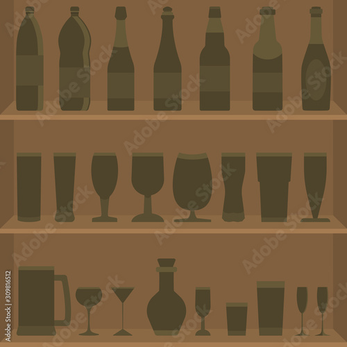 Set, collection of  silhouettes different bottle of alcohol and wine glasses on wooden shelves in vintage style. Vector illustration. Background of alcohol drinks.