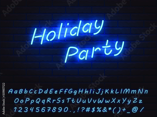Set of blue neon font. Editable letters, numerals, signs, icons with transparent glow for web design and advertising