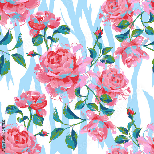 Floral seamless pattern made of gorgeous large roses. Acrilic painting with flower buds and leaves. Botanical illustration for fabric, textile, wallpaper and surface.