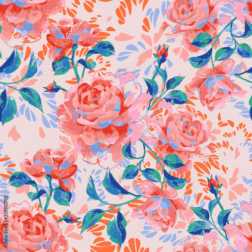 Floral seamless pattern made of gorgeous large roses. Acrilic painting with flower buds and leaves. Botanical illustration for fabric, textile, wallpaper and surface.