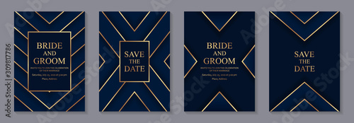 Set of modern geometric luxury wedding invitation design or card templates for business or presentation or greeting with golden lines on a navy blue background.