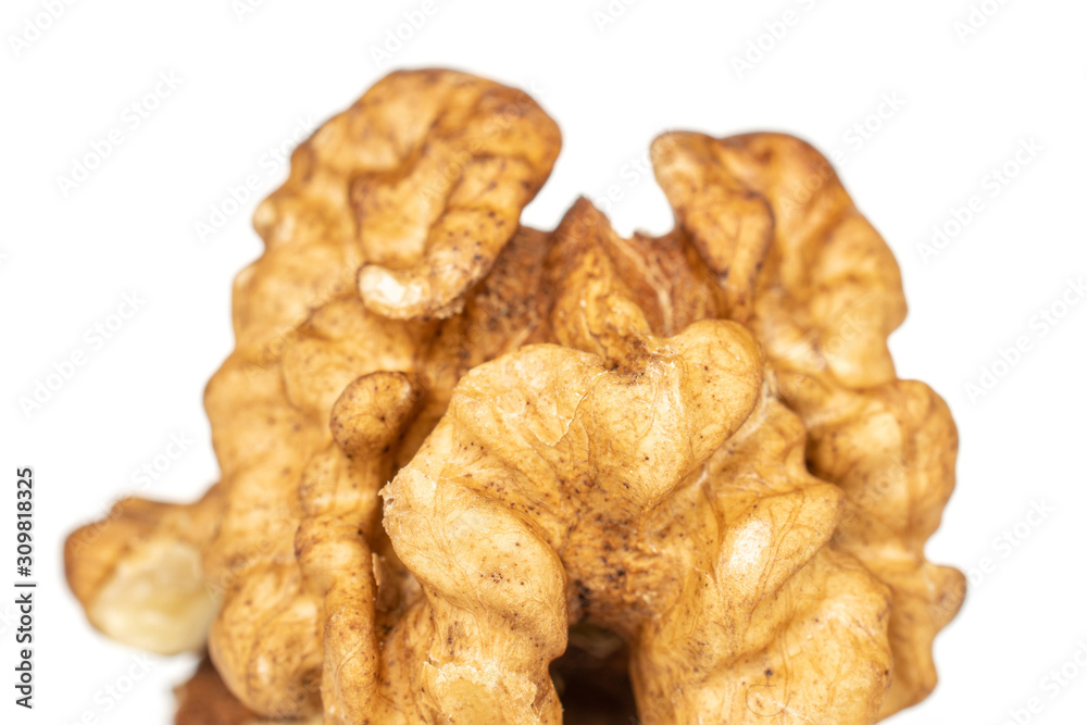 One whole peeled fresh brown walnut macro isolated on white background One whole peeled fresh brown walnut macro isolated on white background