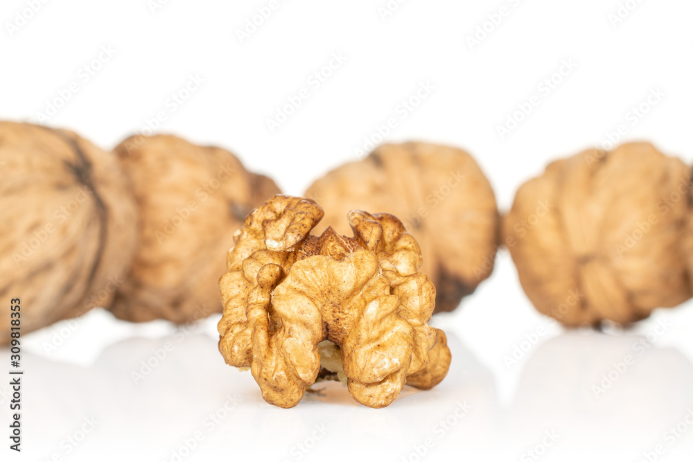 Lot of whole one piece of ripe fresh brown walnut isolated on white background Lot of whole one piece of ripe fresh brown walnut isolated on white background