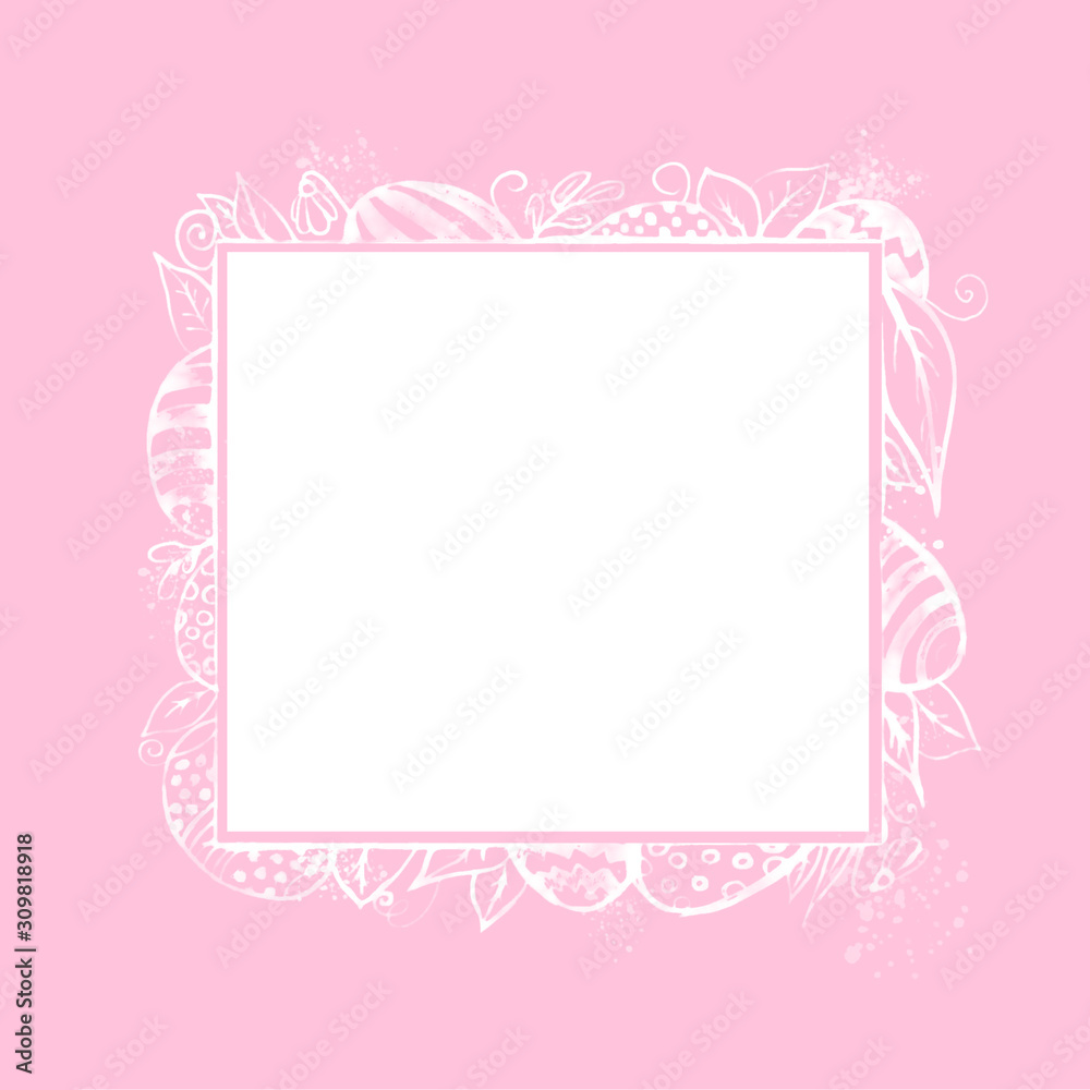Happy Easter watercolor background, frame with eggs, leaves and snowdrops on pink background. Holiday concept. Copy space.