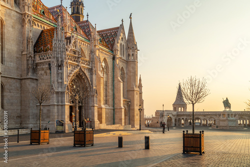 Fisherman's Bastion, a terrace on the Buda bank of the Danube, on the Castle hill in Budapest, around Matthias Church