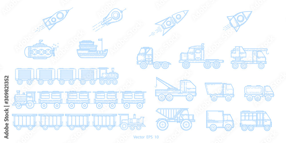 Industrial transport on a white background .Delivery of goods by transport .Icons of train, truck, ship on a white background .Flying rockets .Vector illustration .