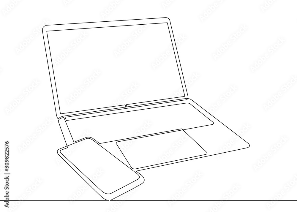 One continuous single drawn line art doodle computer mobile device laptop - obrazy, fototapety, plakaty 