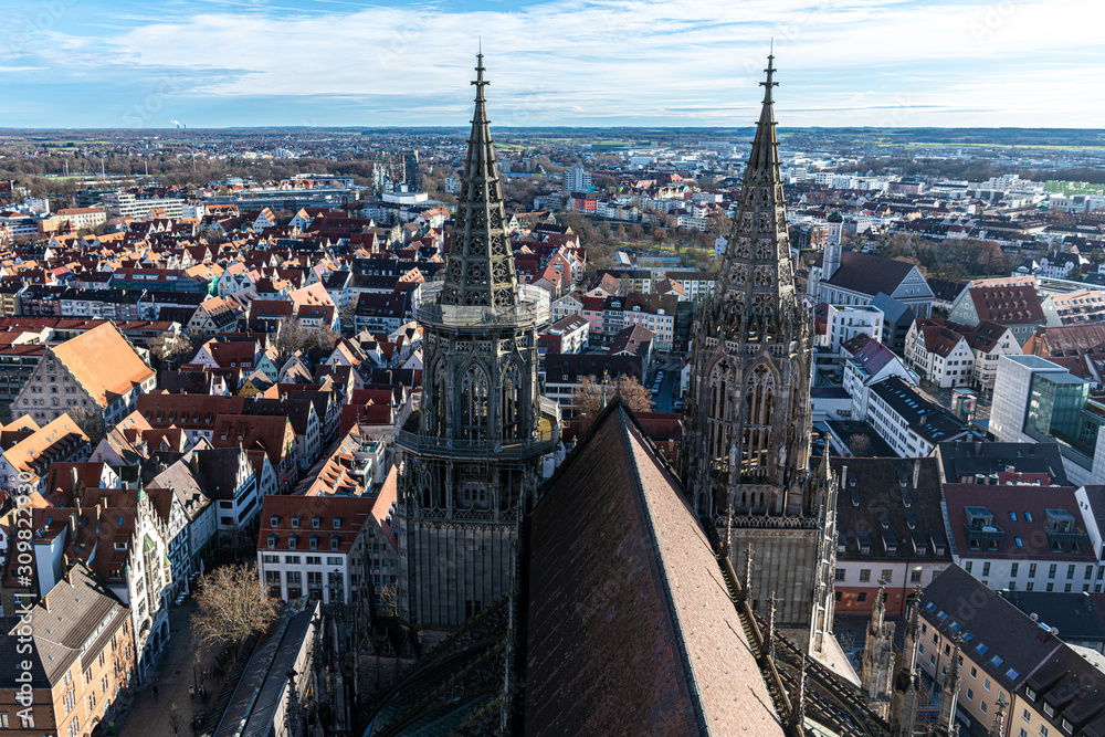 Ulm Cathedral spires against the cityscape
