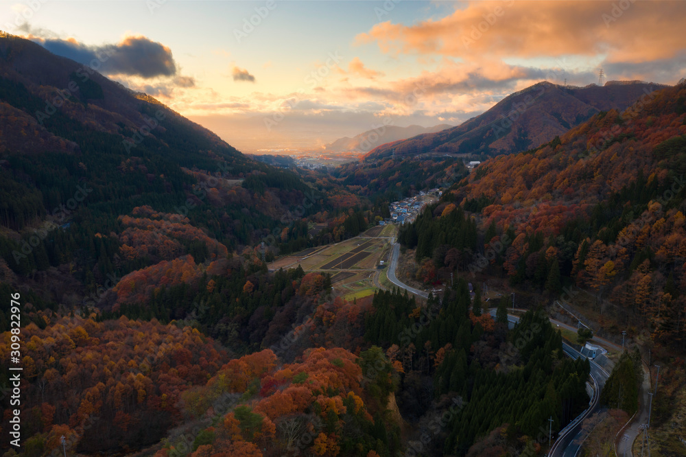 Aerial view of colorful mountain in Takayama village in Nagano, Japan