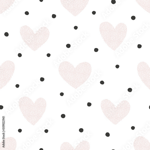 Vector seamless pattern with dotted texture heart shapes. Romantic decorative background for Valentine Day. Love hearty backdrop.